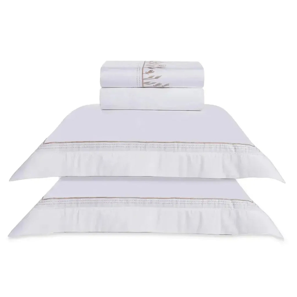 Jogo de Cama Queen Flora 4 Pçs 300 Fios Cetim 100% Algodão Egípcio Branco Trussardi