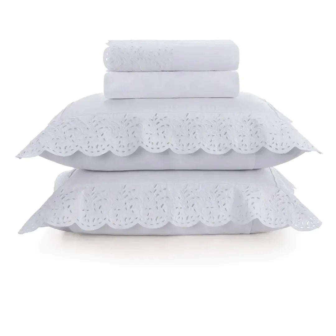 Jogo de Cama Queen Bargello 4 Pçs 300 Fios Cetim 100% Algodão Egípcio Branco Trussardi
