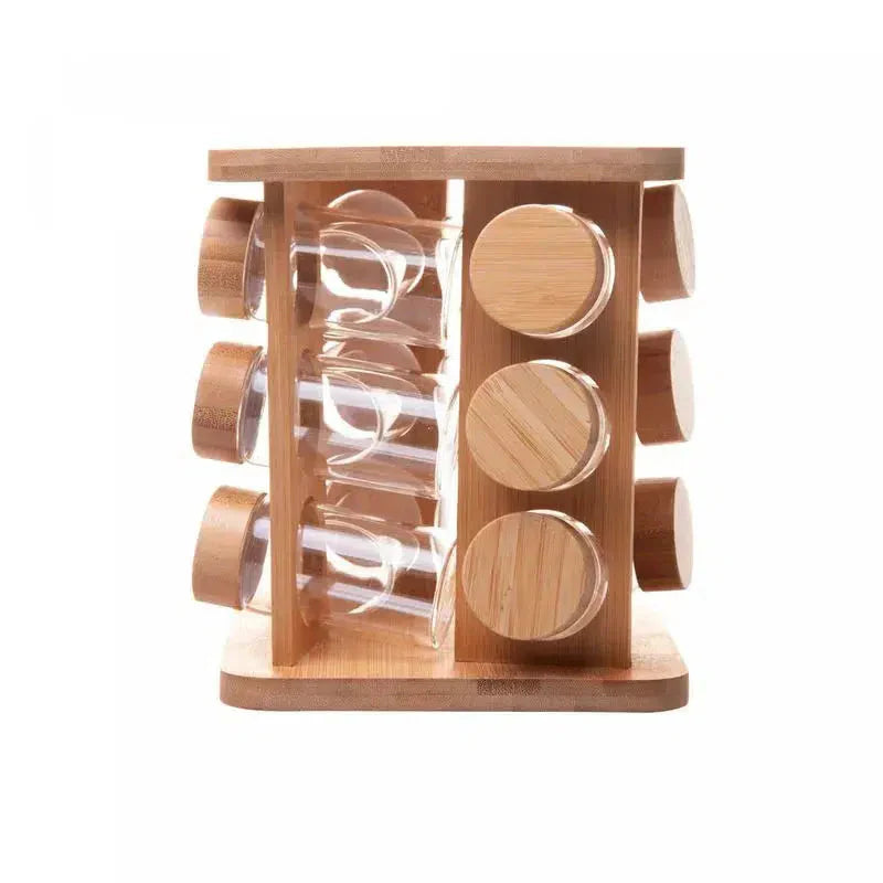 Kit com 12 Potes de Vidro Borossilicato com Tampa Hermética e Rack Giratório em Bambu Wolff
