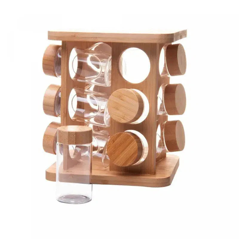 Kit com 12 Potes de Vidro Borossilicato com Tampa Hermética e Rack Giratório em Bambu Wolff