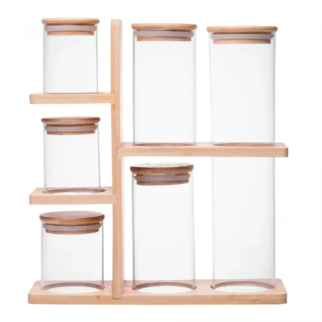 Kit com 6 Potes de Vidro Borossilicato com Tampa Hermética e Suporte em Bambu Wolff