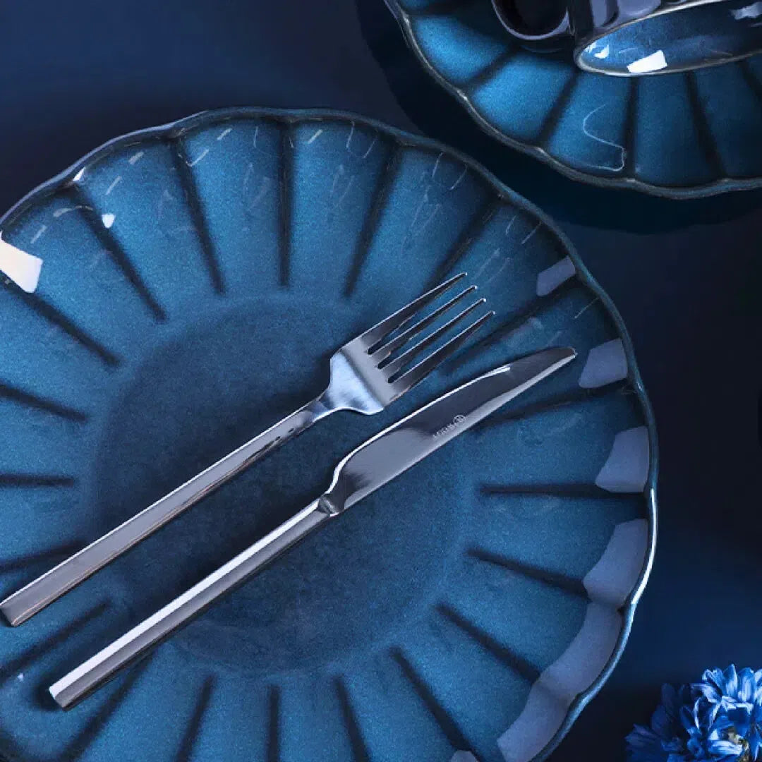 Kit com 6 Pratos Rasos Cerâmica Scallop Azul 27cm