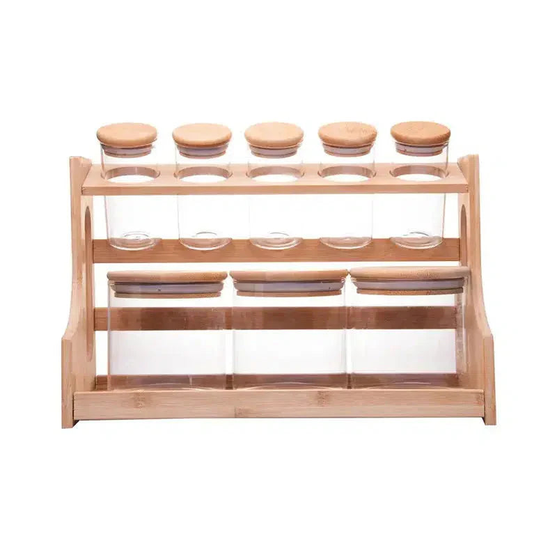 Kit com 8 Potes de Vidro Borossilicato com Tampa Hermética e Rack em Bambu Wolff