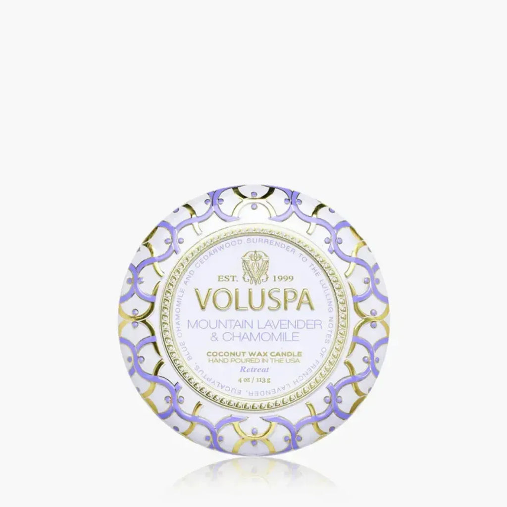 Mini Vela Voluspa Lata Mountain Lavender e Chamomile 25 Horas