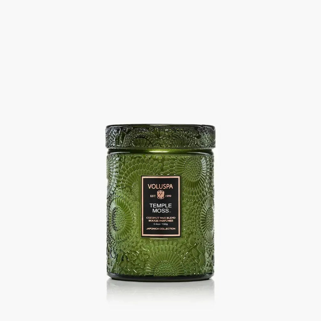 Mini Vela Voluspa Pote de Vidro Relevo Temple Moss 50 Horas