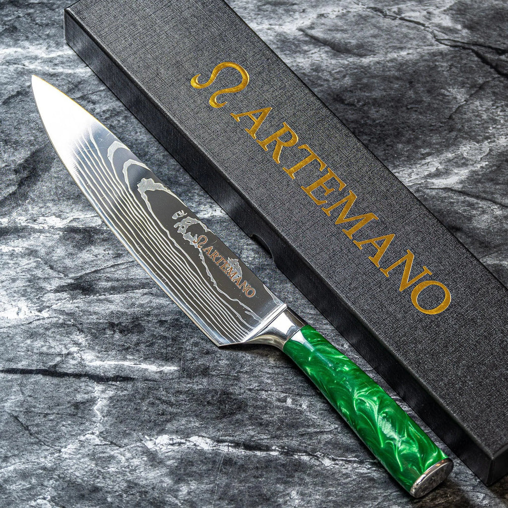 OUTLET: Faca do Chef Artemano 20cm com Acabamento em Aço Damasco e Cabo em Pakkawood Jungle