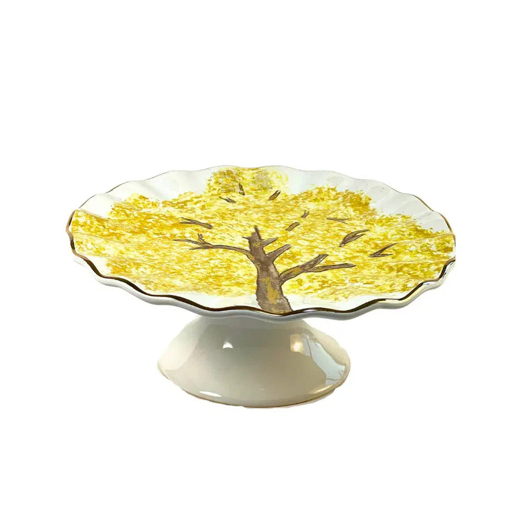 Porta Petit Four com Pé Cerâmica Ypê Amarelo com Filete de Ouro Scalla