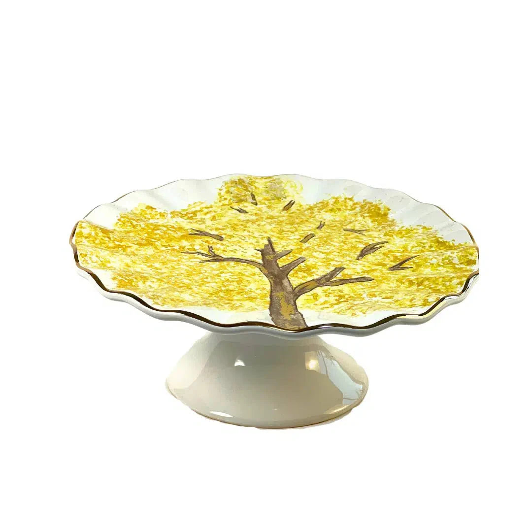 Porta Petit Four com Pé Cerâmica Ypê Amarelo com Filete de Ouro Scalla