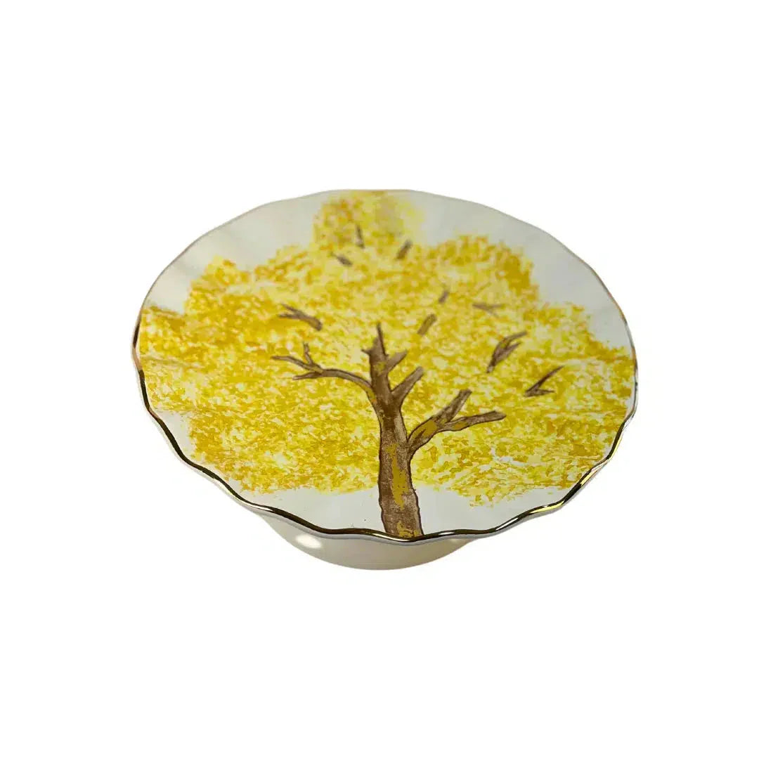 Porta Petit Four com Pé Cerâmica Ypê Amarelo com Filete de Ouro Scalla