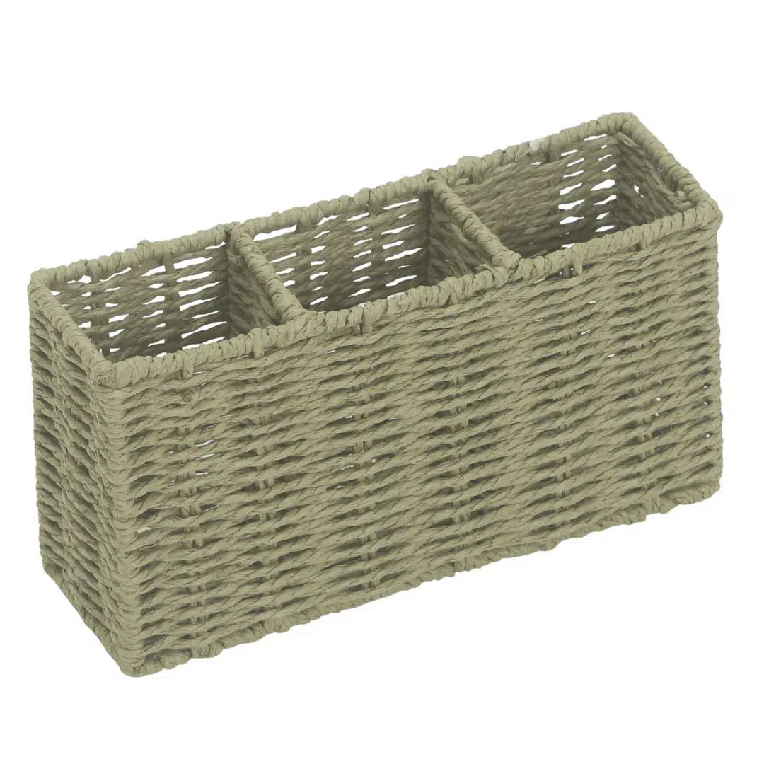 Porta Talheres Retangular com 3 divisões em Palha Cestaria Bege 26x8x14cm