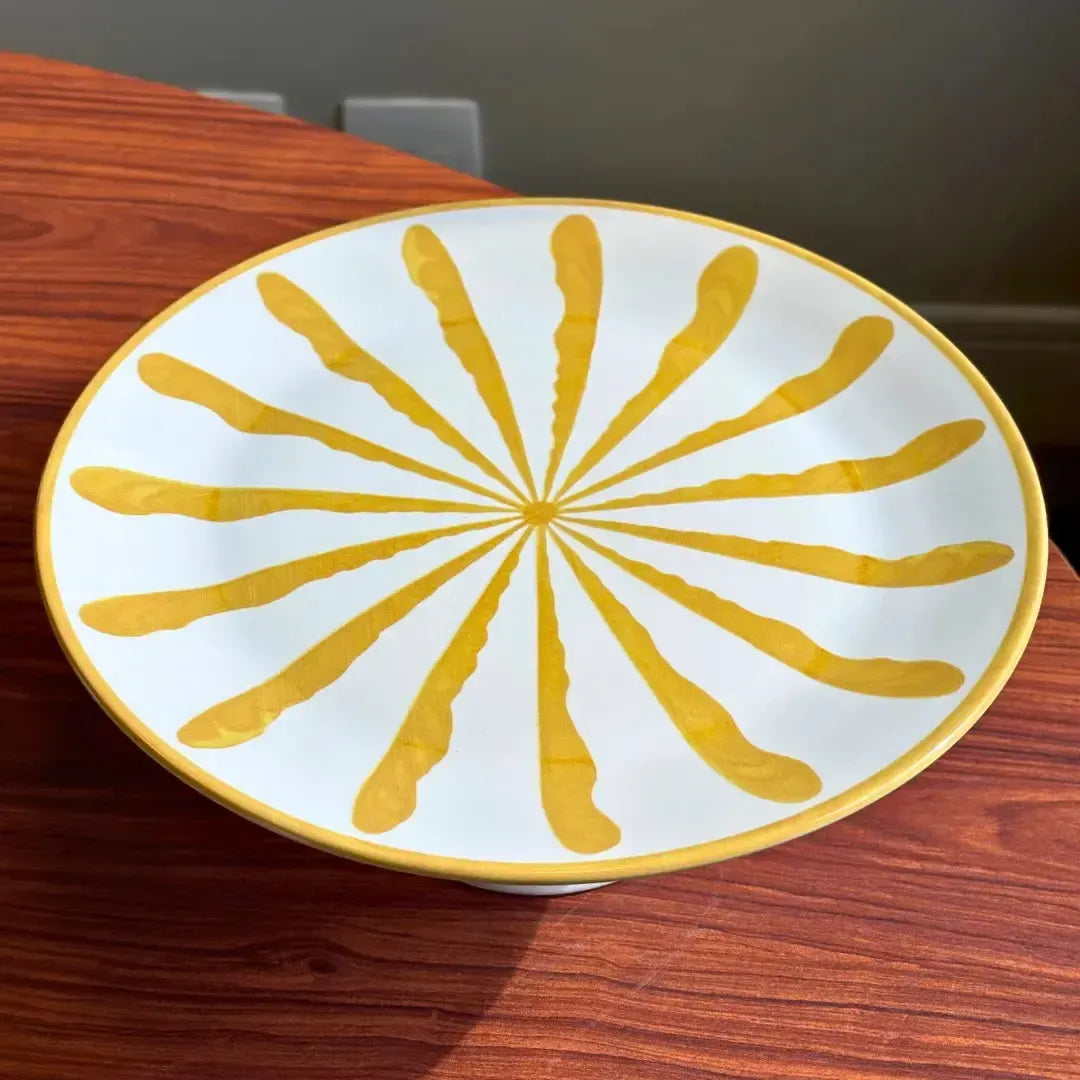 Porta Torta com Pé Cerâmica Piuma Amarelo Scalla