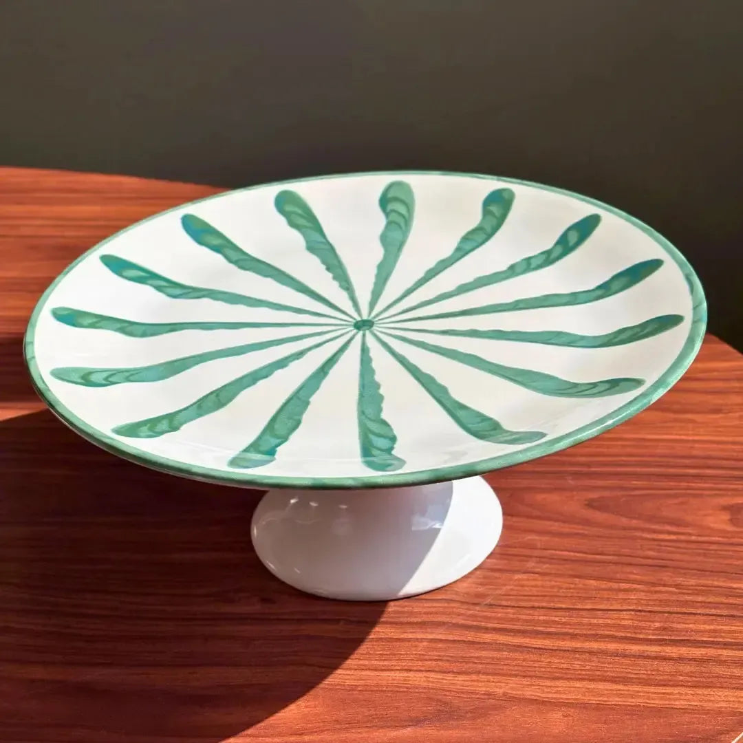 Porta Torta com Pé Cerâmica Piuma Verde Scalla