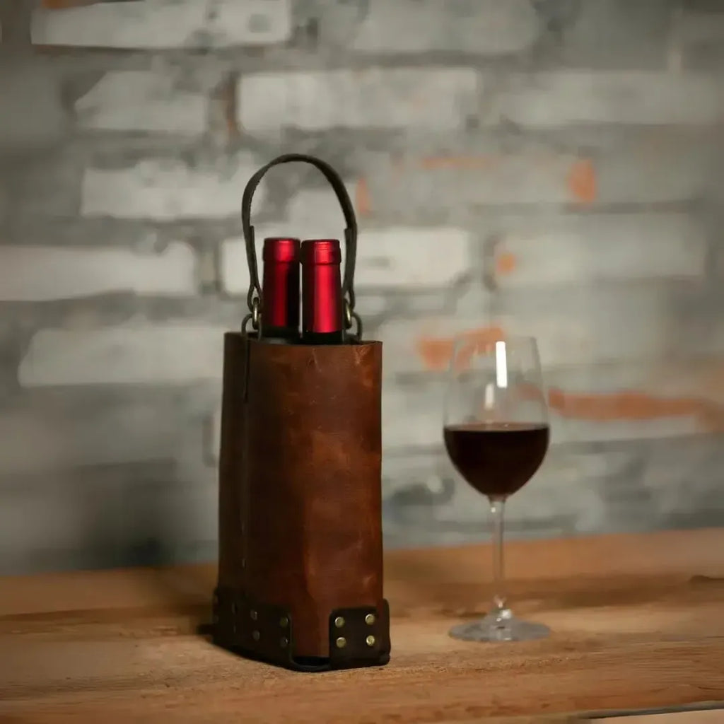 Porta Vinho Duplo em Couro Legítimo Whisky Artemano