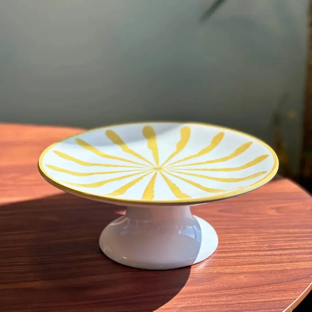 Prato para Bolo com Pé Cerâmica Piuma Amarelo Scalla