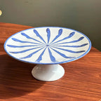 Prato para Bolo com Pé Cerâmica Piuma Azul Scalla