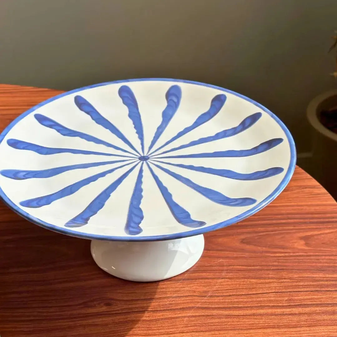 Prato para Bolo com Pé Cerâmica Piuma Azul Scalla
