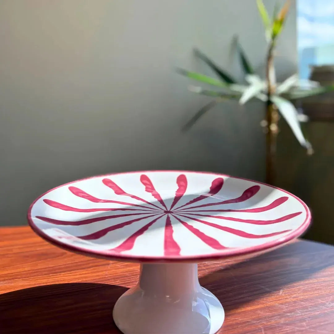 Prato para Bolo com Pé Cerâmica Piuma Vermelho Scalla