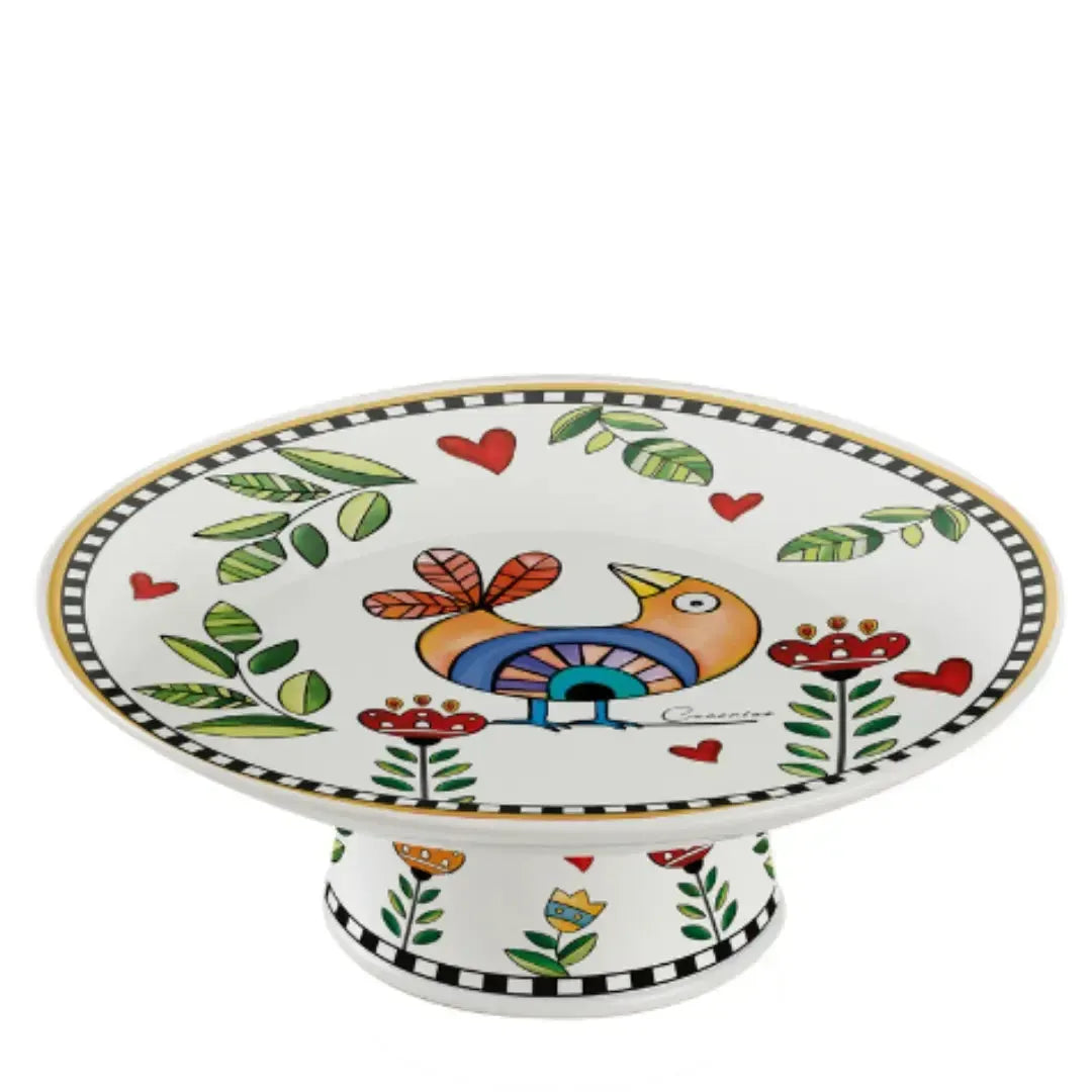 Prato para Bolo com Pé Porcelana Cocoricó Amarelo 27x10cm Egan