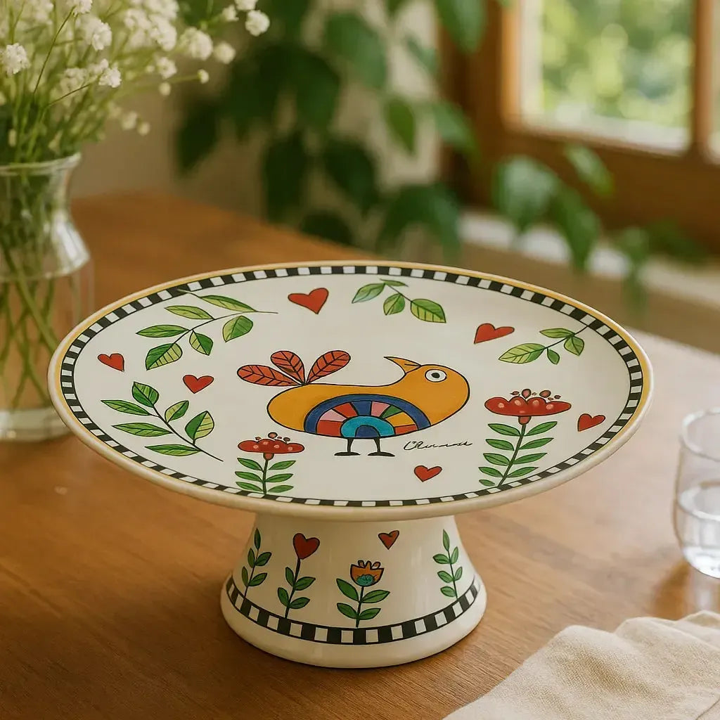 Prato para Bolo com Pé Porcelana Cocoricó Amarelo 27x10cm Egan