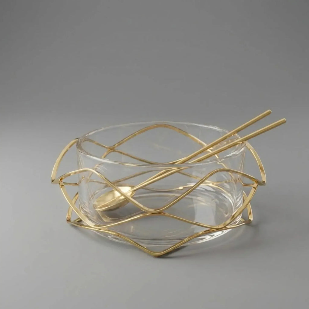 Saladeira Diamante Inox Revestido com Ouro 24k com Par de Talheres Riva