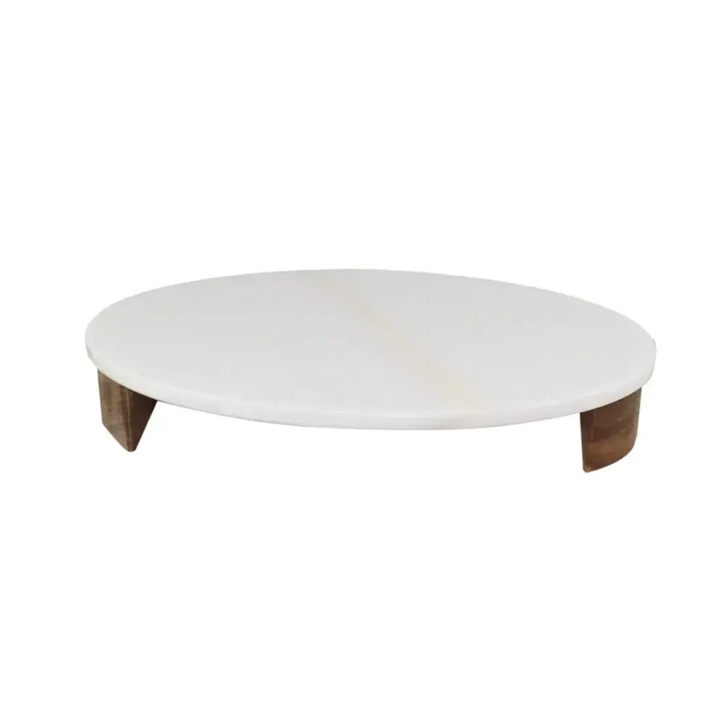 Tábua Oval para Aperitivos Mármore Branco Pés de Madeira 5x30x25cm Linha Refúgio