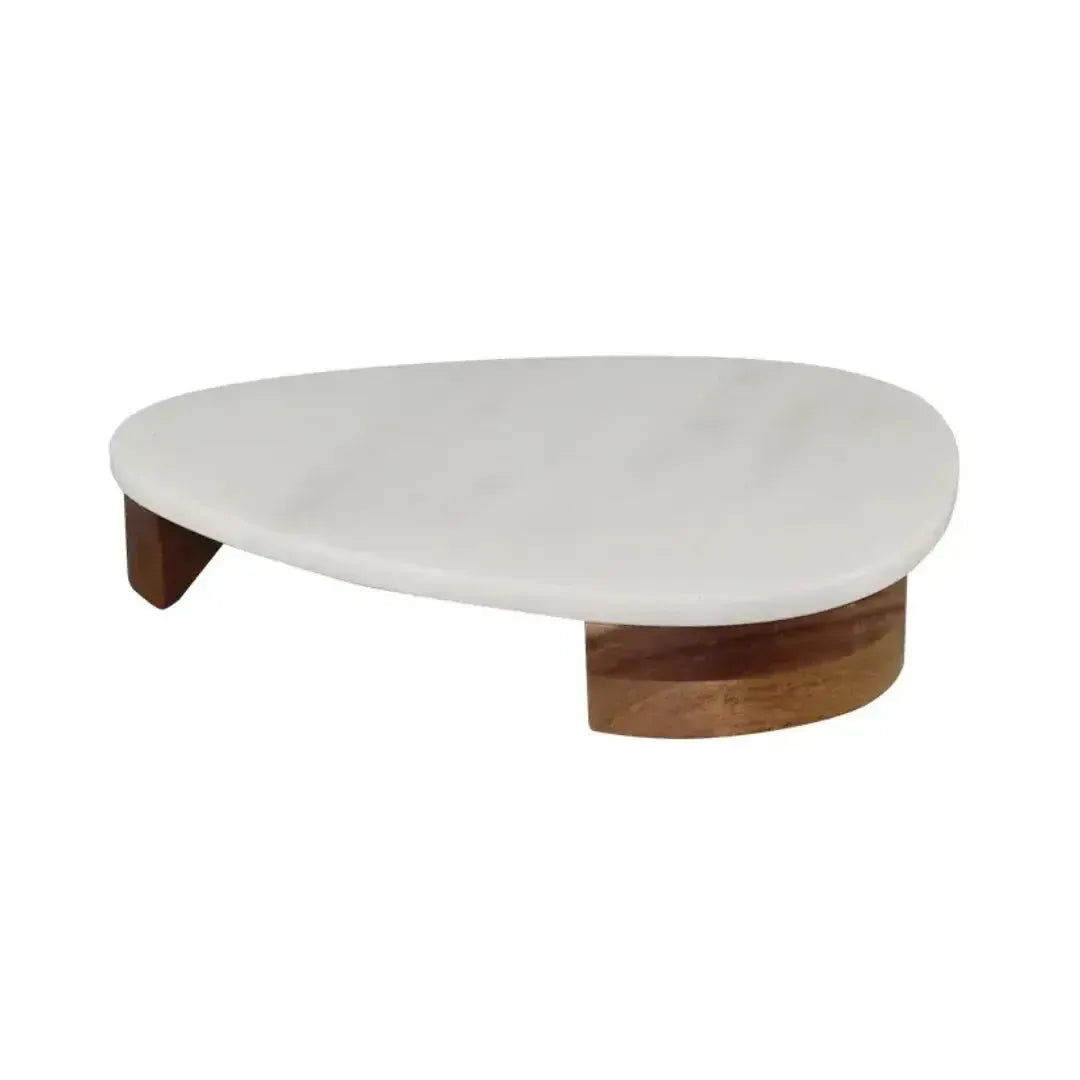 Tábua Oval para Aperitivos Mármore Branco Pés de Madeira 5x30x25cm Linha Refúgio