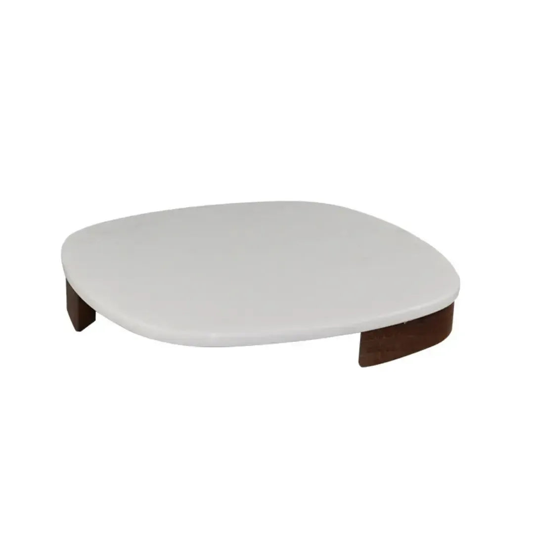 Tábua Quadrada para Aperitivos Mármore Branco Pés de Madeira 5x30x30cm Linha Refúgio