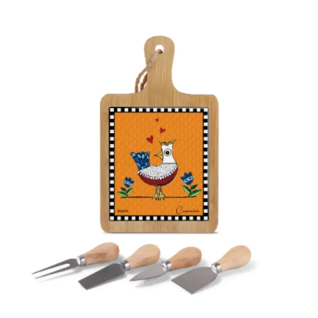 Tábua para Aperitivo + 4 Peças para Queijo Cocoricó Laranja 24x15cm Egan