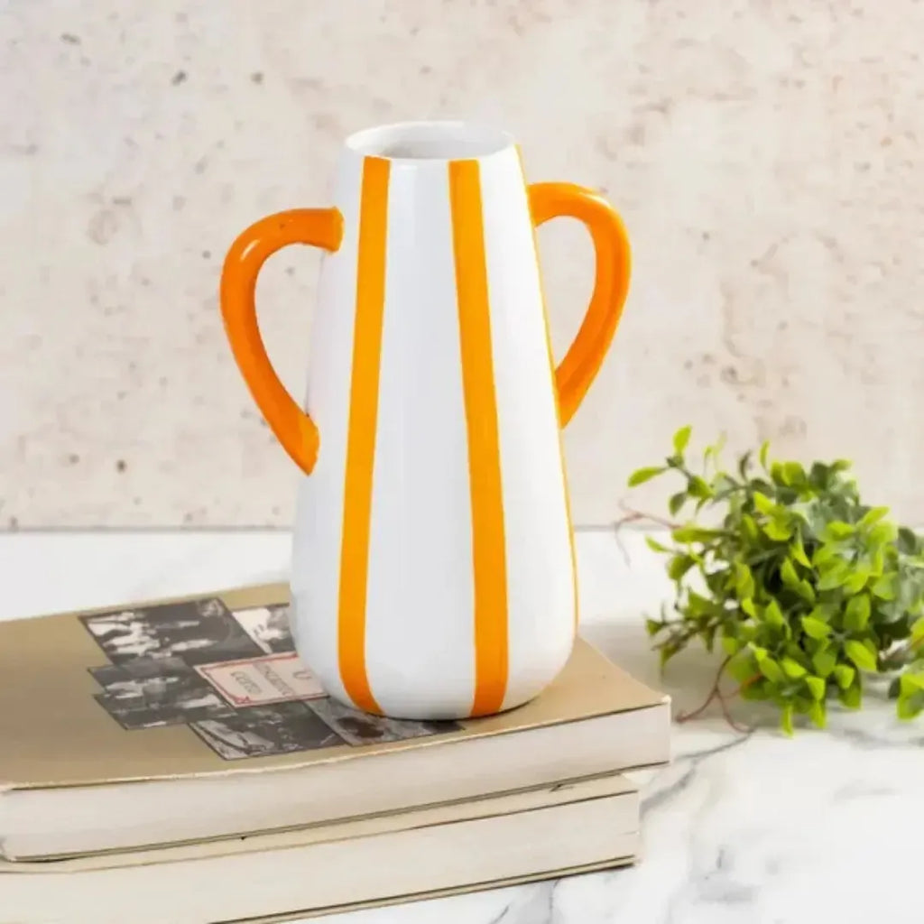 Vaso Cerâmica Alças Branco com Listras Laranja 18,5x 9,5x 14 Tuut