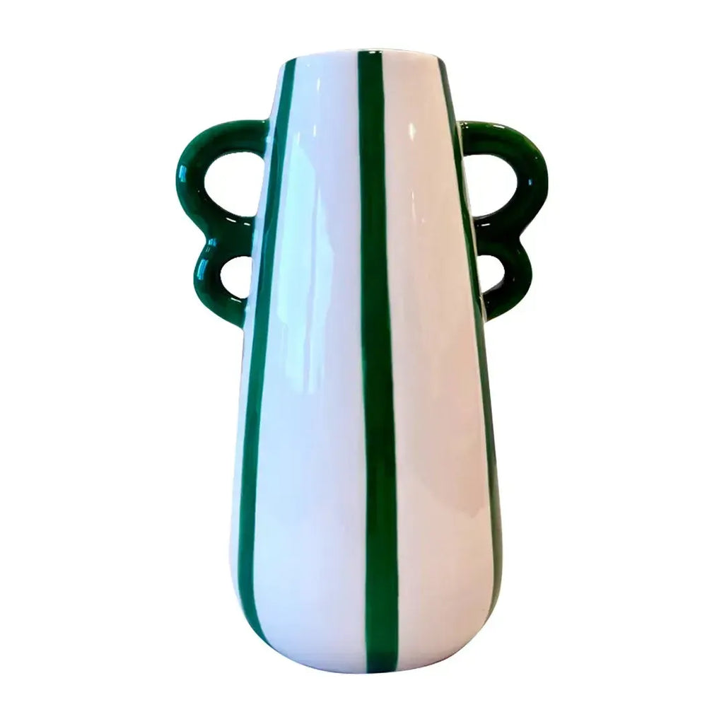 Vaso Cerâmica Alças Branco com Listras Verde Cerâmica 21,2x10x14cm Tuut