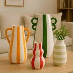 Vaso Cerâmica Alças Branco com Listras Verde Cerâmica 21,2x10x14cm Tuut