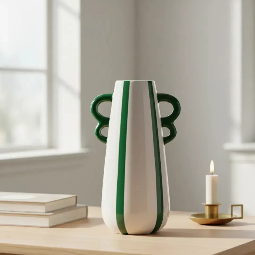 Vaso Cerâmica Alças Branco com Listras Verde Cerâmica 21,2x10x14cm Tuut