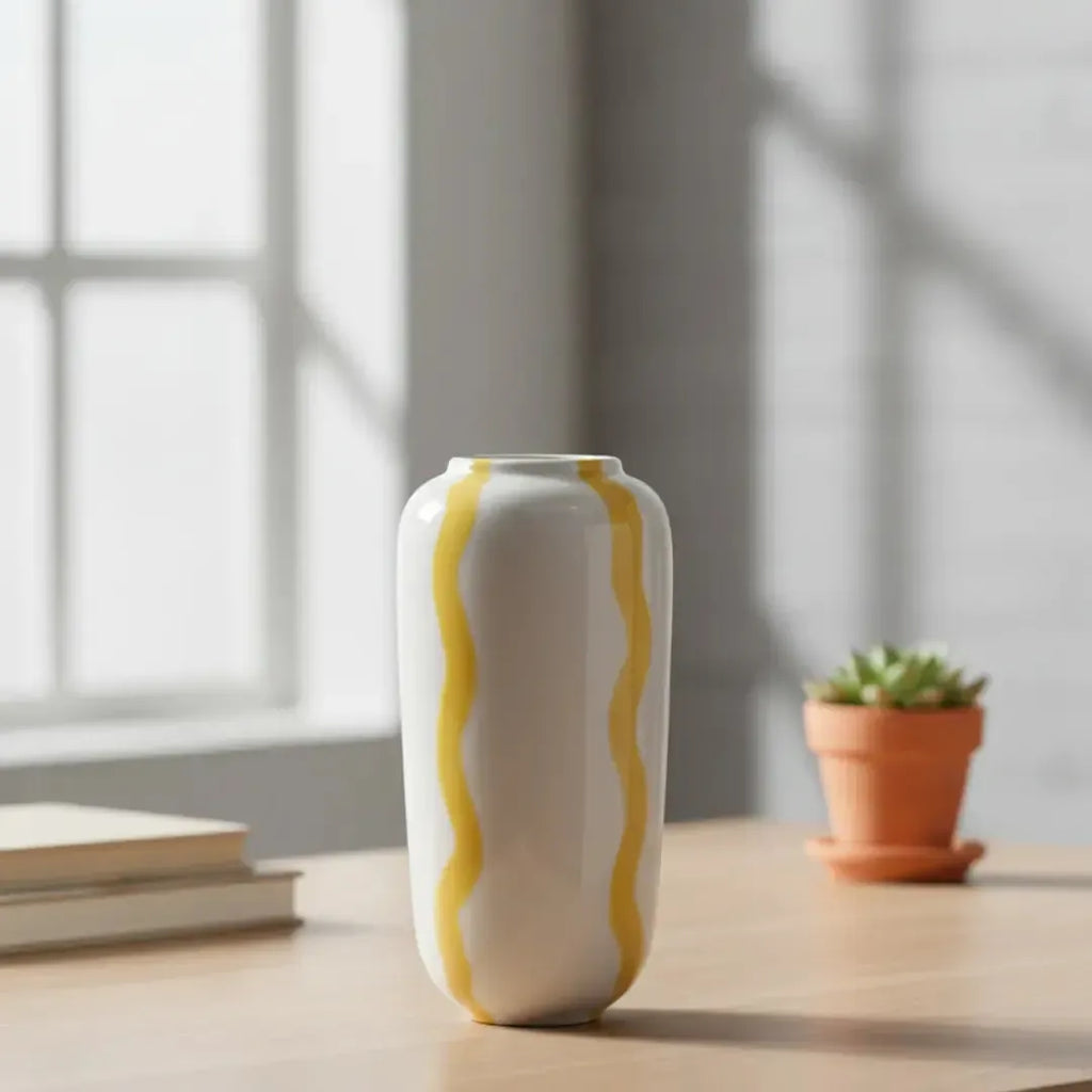 Vaso Cerâmica Branco com Listras Amarela 20x9 cm Tuut