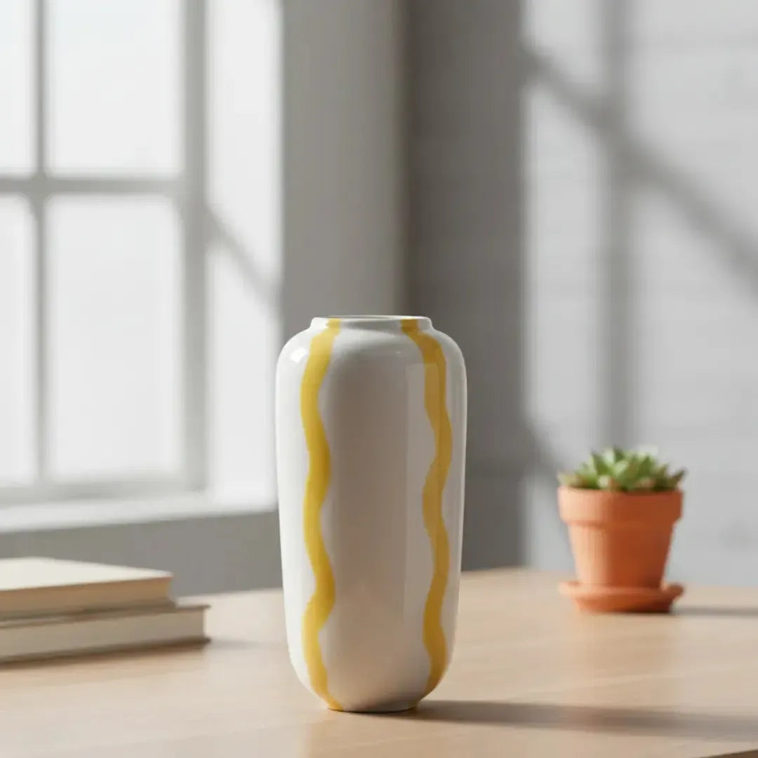 Vaso Cerâmica Branco com Listras Amarela 20x9 cm Tuut