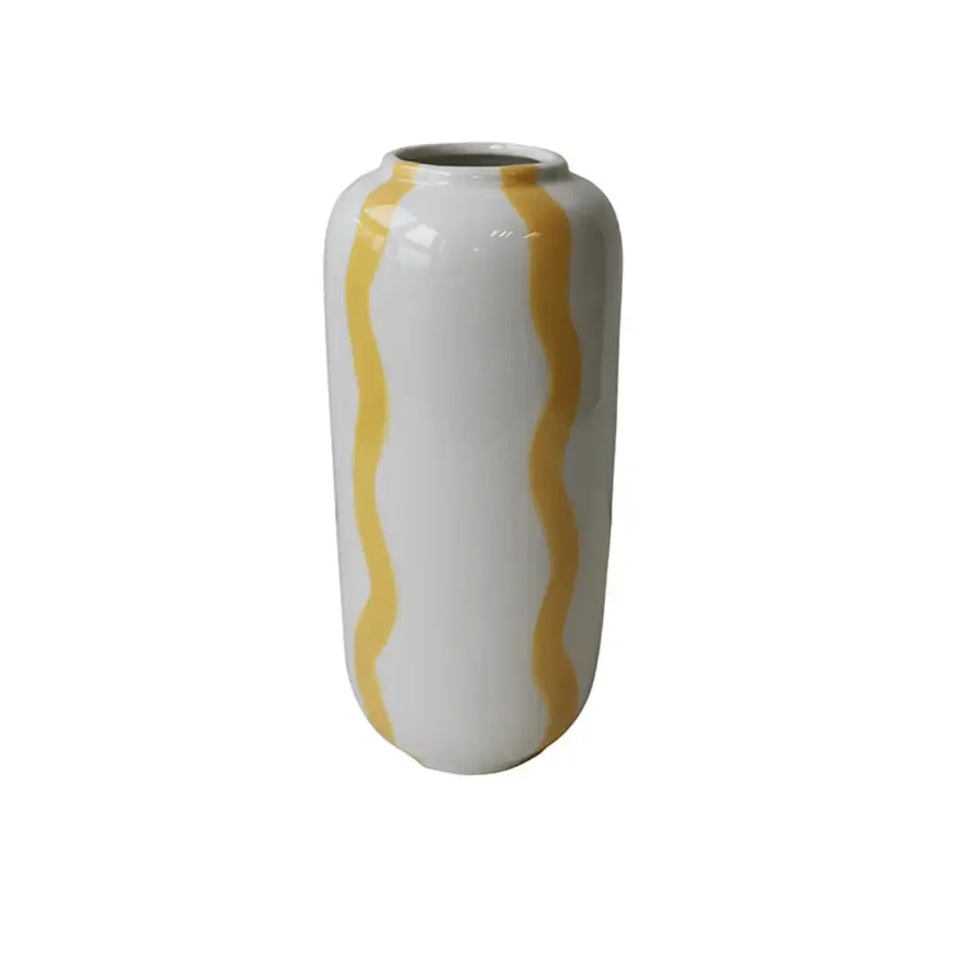 Vaso Cerâmica Branco com Listras Amarela 20x9 cm Tuut