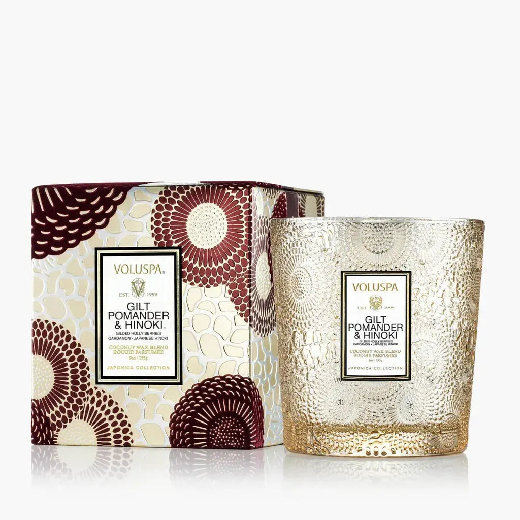 Vela Voluspa Copo de Vidro Clássico Gilt Pomander Hinoki 60 Horas