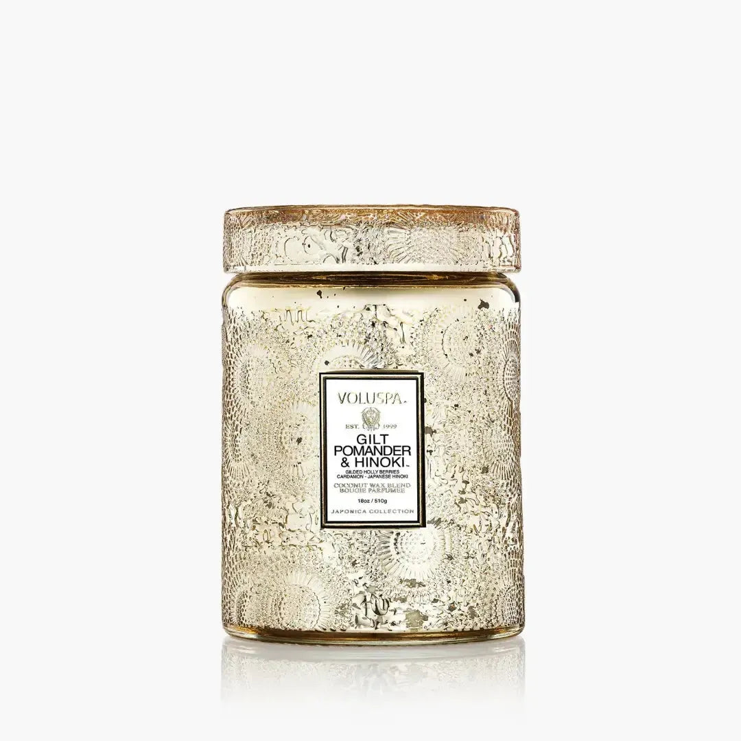 Vela Voluspa Pote com Tampa de Vidro Grande Gilt Pomander E Hinoki 100 Horas